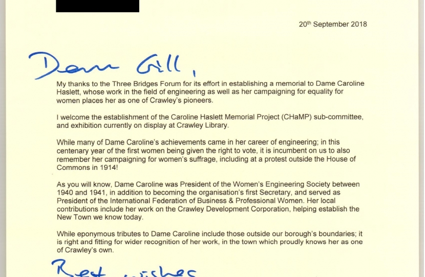 Henry Smith MP letter to Three Bridges Forum on Dame Caroline Haslett