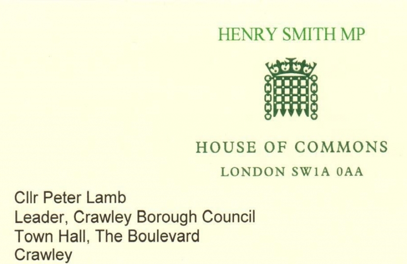 Henry Smith MP letter to Leader of Crawley Borough Council on homelessness support