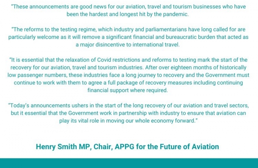 Henry Smith MP welcomes simplified Covid-19 international travel rules
