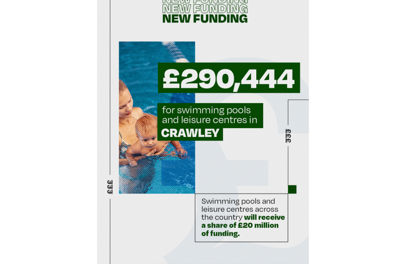 Henry Smith MP welcomes over £290,000 investment for K2 Crawley from the Government’s Swimming Pool Support Fund